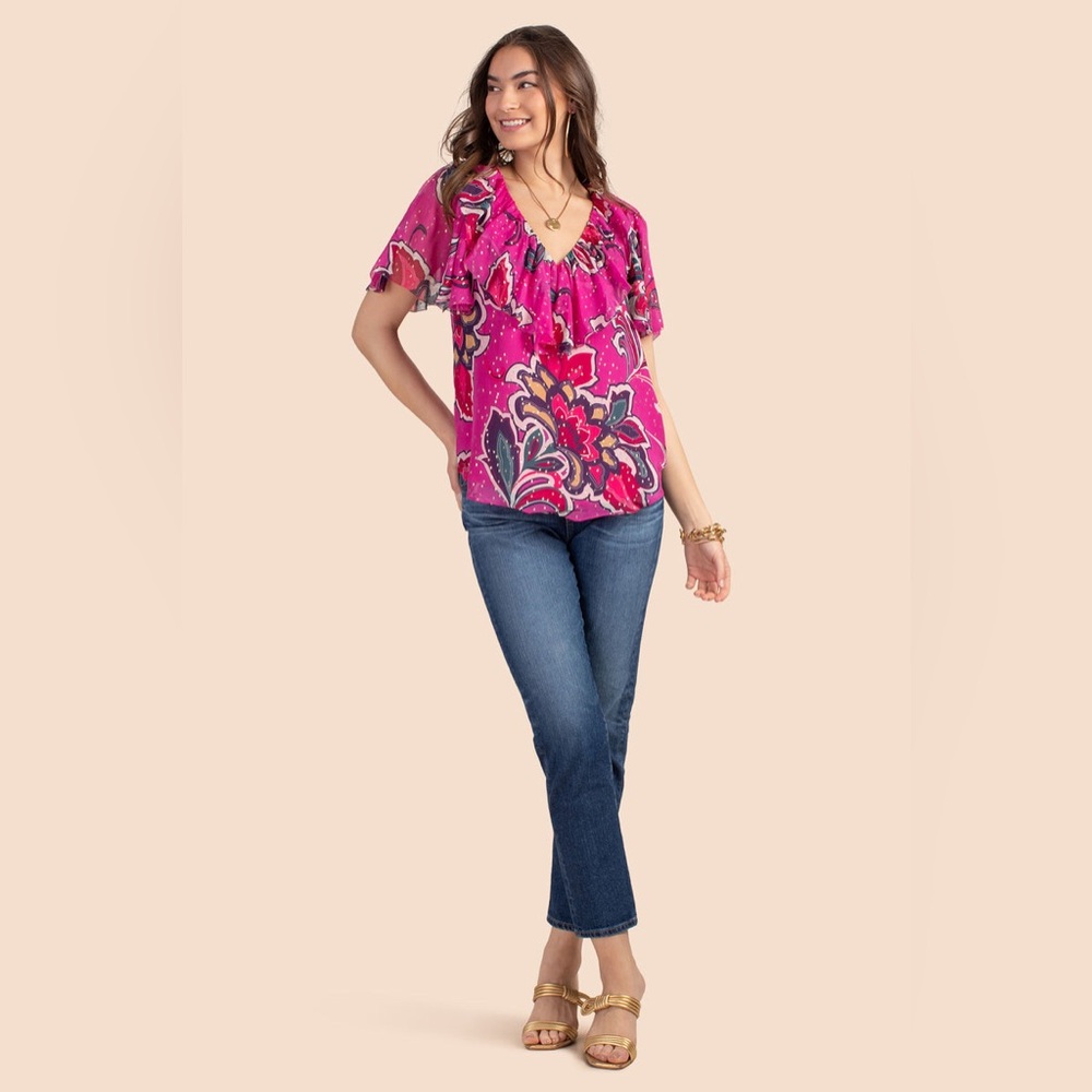 Trina Turk Pink Floral Print Ruffled V-Neck Blouse